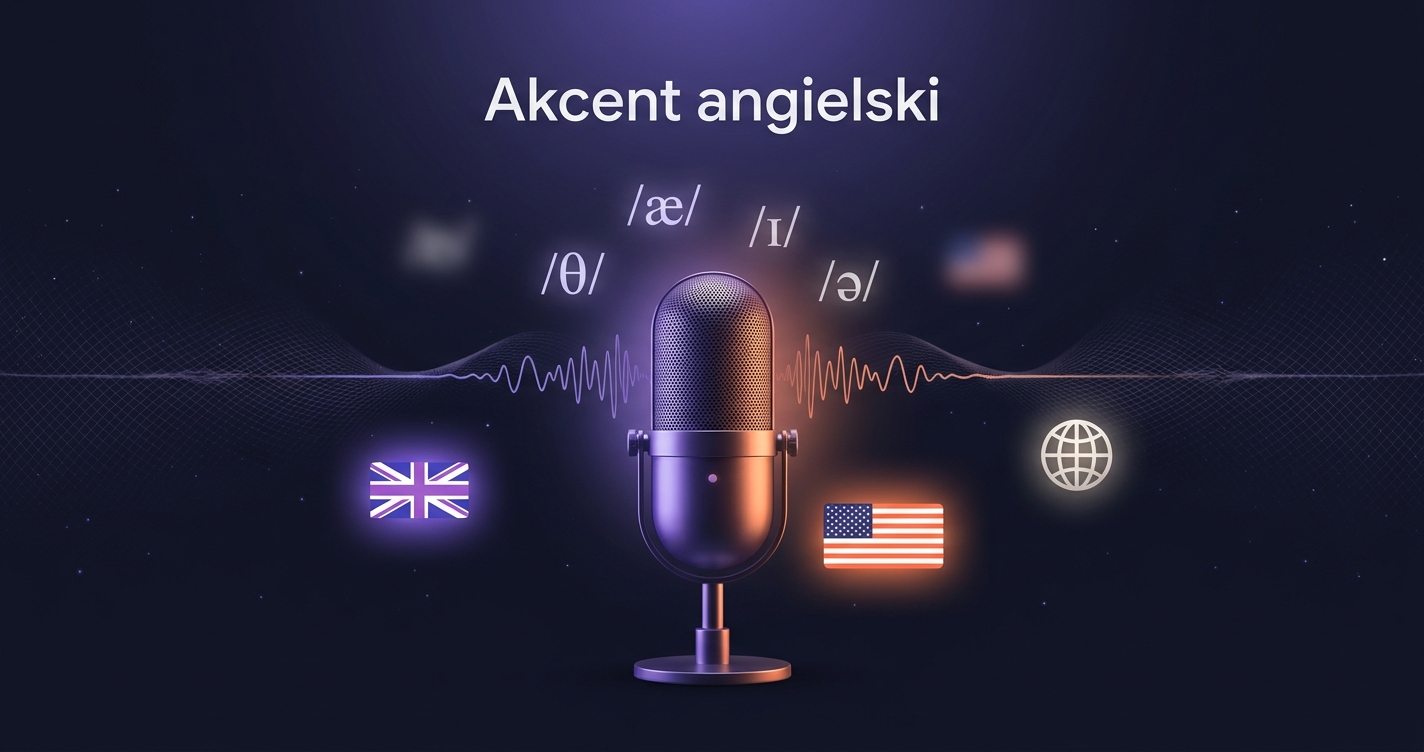 Akcent angielski — fala dźwiękowa z mikrofonem, transparentne profile twarzy z 3 flagami (UK, USA, neutralny globus) i symbolami IPA unoszącymi się wokół