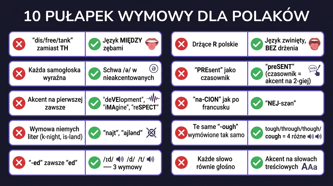 10 pułapek wymowy dla Polaków — plakat z parami błąd/poprawa: TH zamieniane na D/F/T, brak schwa, akcent na pierwszej, R polskie, -ough różne wymowy