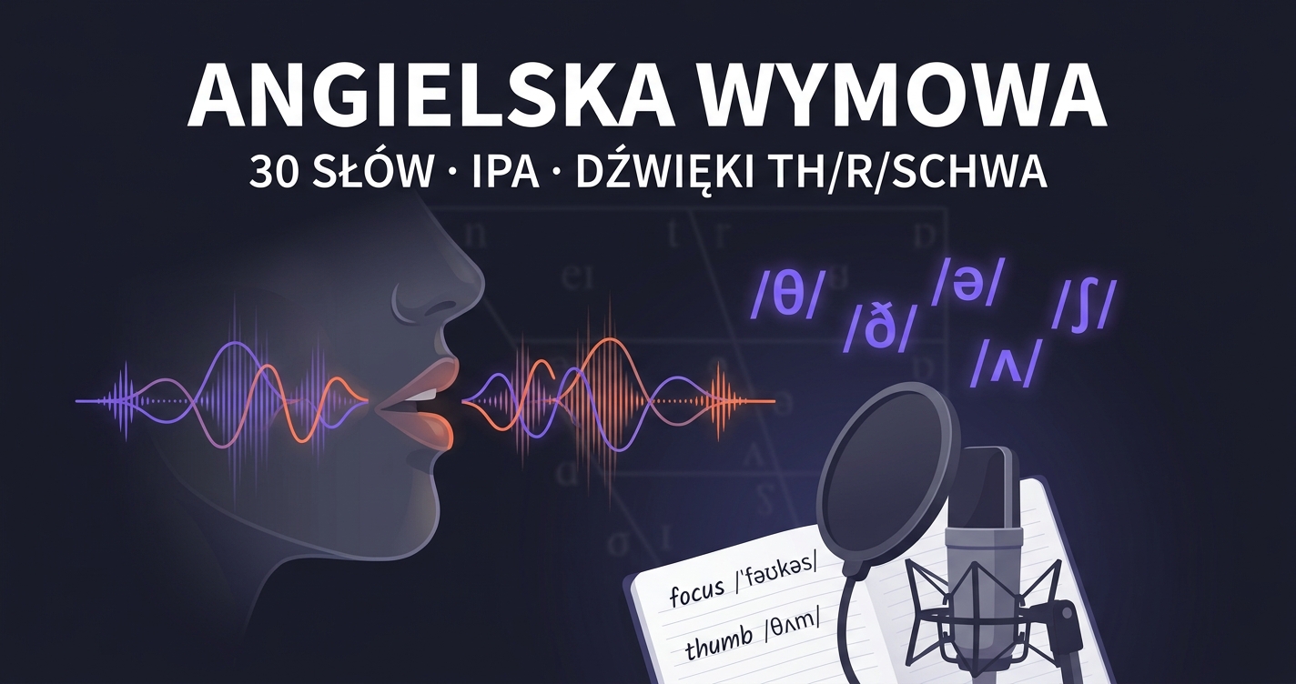 Angielska wymowa — profil ust z falą dźwiękową, symbole IPA (θ, ð, ə, ʃ, ʌ), mikrofon, notatnik z focus i thumb