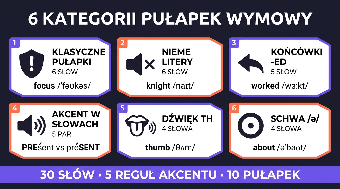 6 kategorii pułapek wymowy — infografika: klasyczne (focus), nieme litery (knight), -ed (worked), akcent w słowach (PREsent vs preSENT), TH (thumb), schwa (about)