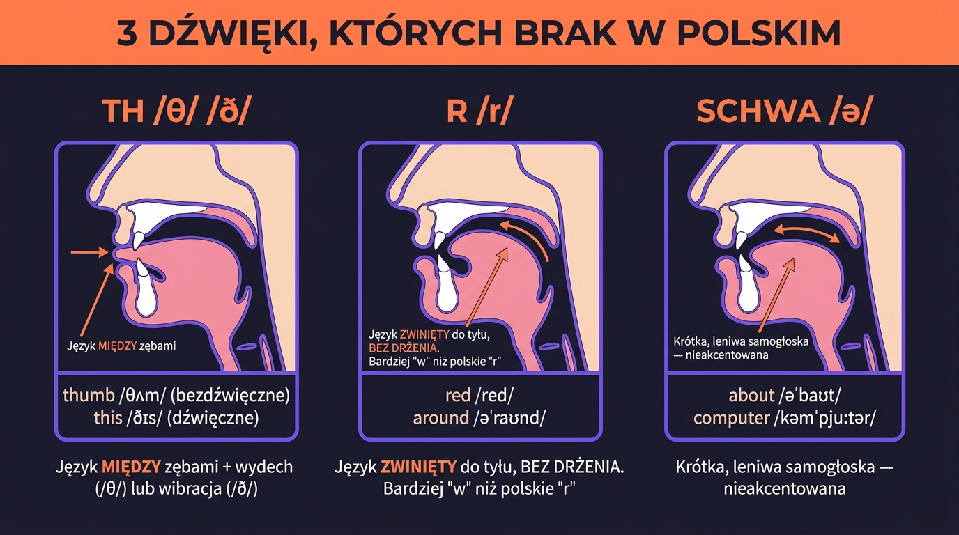 3 dźwięki, których brak w polskim — anatomiczne diagramy pozycji języka: TH (między zębami), R (zwinięty bez drżenia), schwa (krótka leniwa samogłoska)