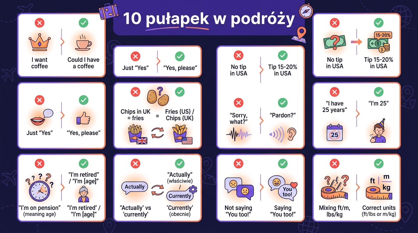 10 pułapek Polaków w podróży — plakat: I want coffee → Could I have, chips w UK, napiwek USA, I have 25 years, Sorry what vs Pardon