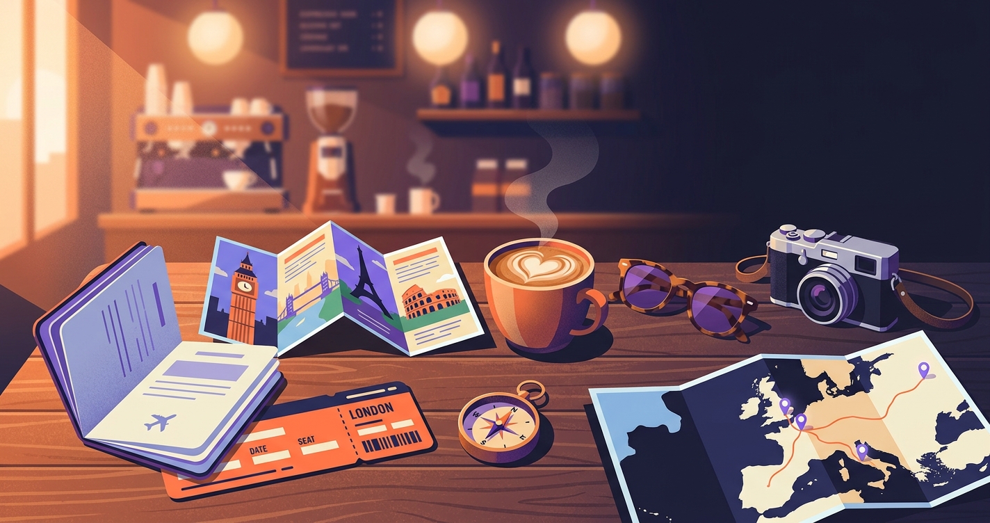 Angielski na wakacje — flat-lay podróżniczy: paszport, karta pokładowa do Londynu, mapa Europy, kompas, kawa w kawiarni