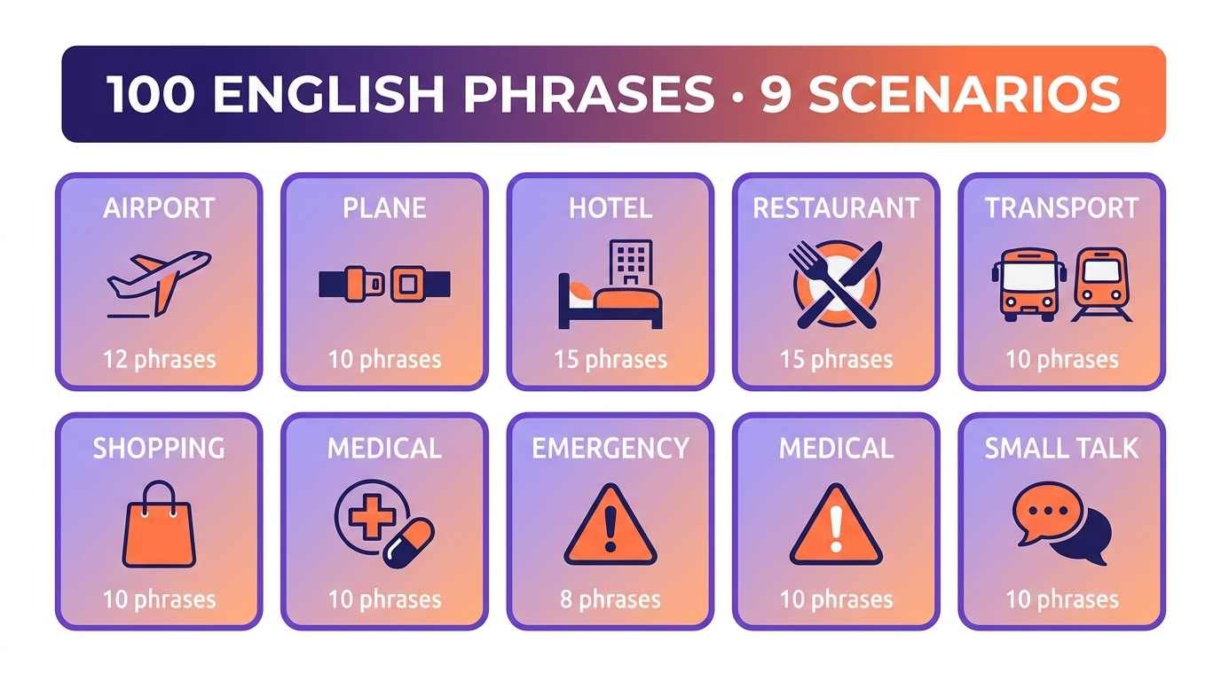 100 angielskich zwrotów na wakacje w 9 kategoriach: lotnisko, samolot, hotel, restauracja, transport, zakupy, apteka, emergency, small talk