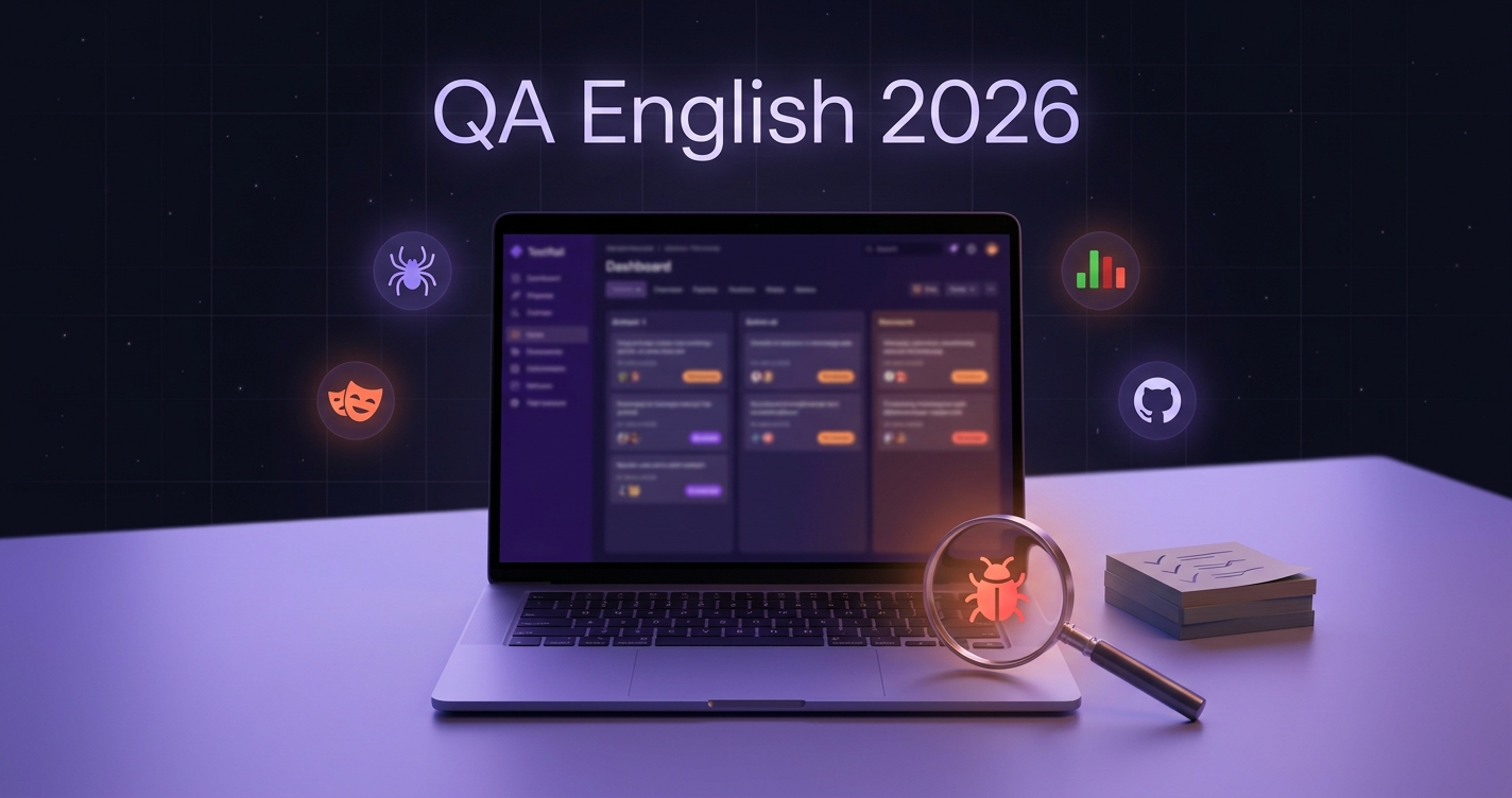 Angielski dla testerów QA — biurko z laptopem pokazującym Jira/TestRail dashboard, lupą, czerwonym flagą bug i ikonami testing tools (Selenium, Playwright)