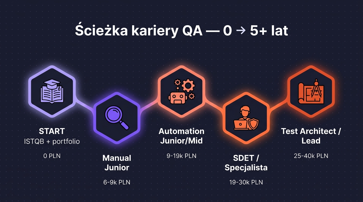 Ścieżka kariery QA — timeline 5 lat: Manual Junior → Manual Mid → Automation Junior → Automation Mid / SDET → SDET Senior / Test Architect