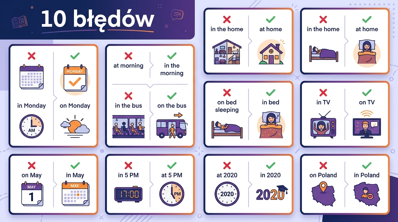 10 błędów Polaków z at/in/on — plakat: in Monday/on Monday, at morning/in the morning, in the bus/on the bus, on May/in May