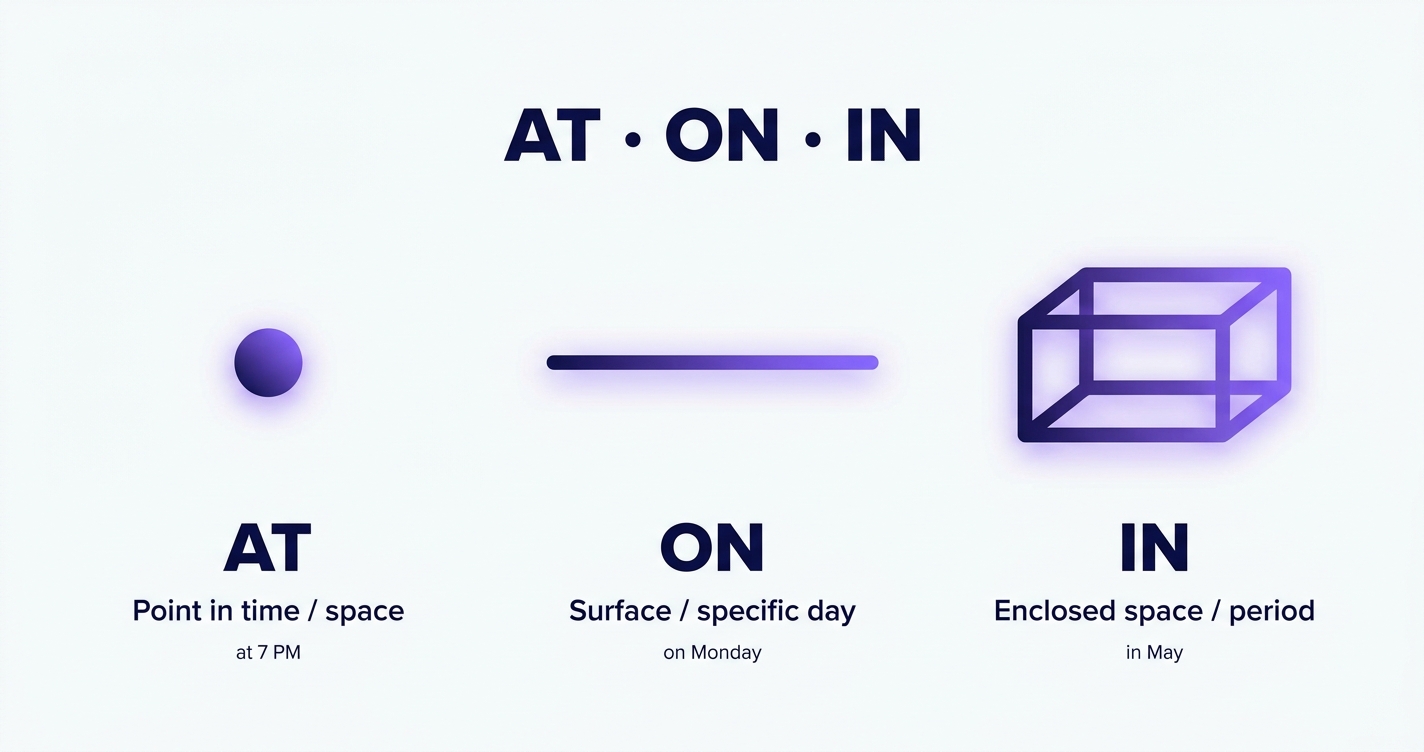 At, in, on — 3 kształty: punkt (AT), linia (ON), przestrzeń / pudełko (IN)