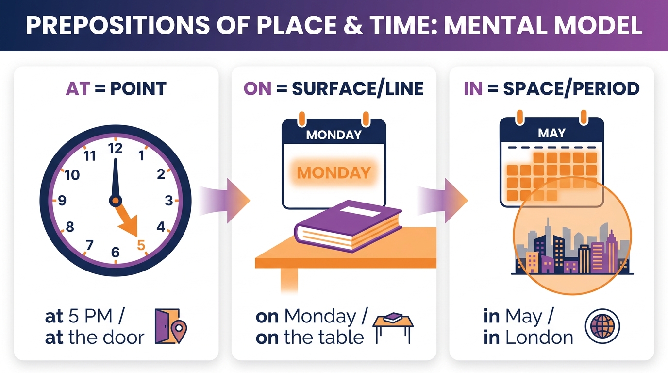 Mnemotechnika at/in/on: AT = punkt (zegar 5:00), ON = powierzchnia/linia (kalendarz poniedziałek), IN = przestrzeń/okres (miesiąc maj)