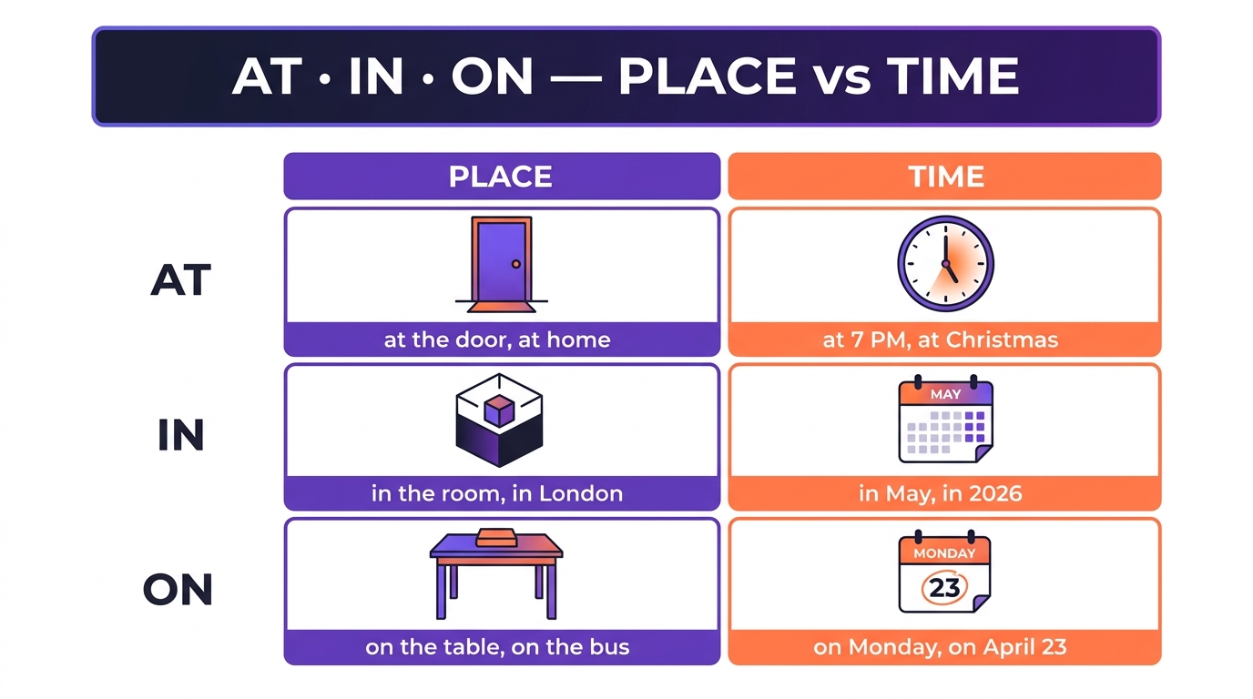 Tabela porównawcza at/in/on dla miejsca i czasu — 3 rzędy x 2 kolumny z przykładami
