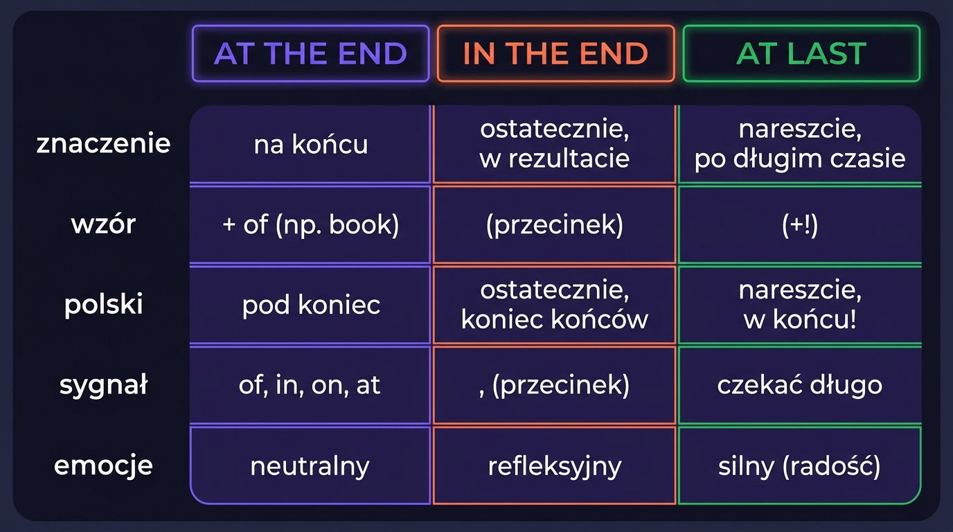Tabela porównawcza At the end / In the end / At last — pięć wymiarów: znaczenie, wzór, polski, sygnał, ładunek emocjonalny