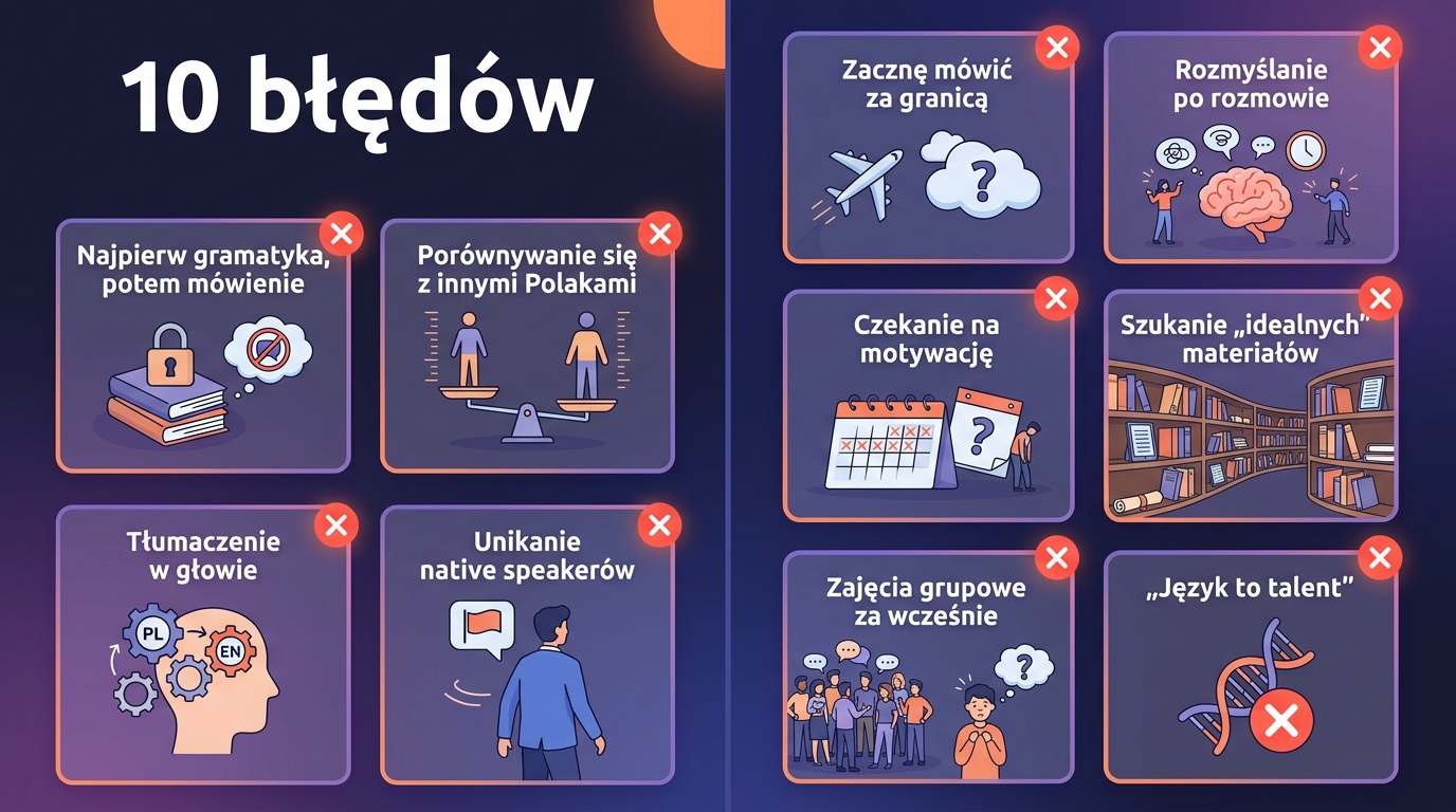 10 błędów podtrzymujących barierę językową — plakat: najpierw gramatyka, porównywanie z innymi, tłumaczenie w głowie, unikanie nativów