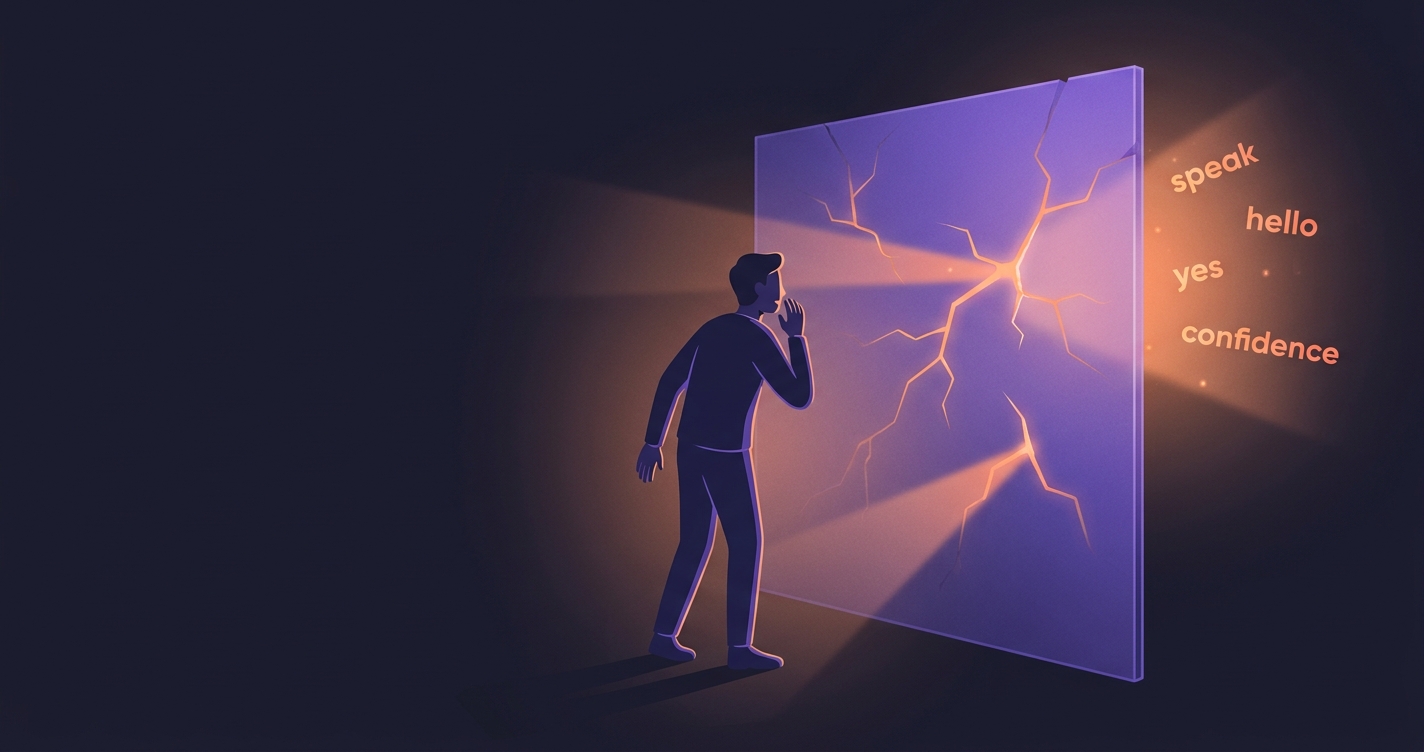 Bariera językowa — postać przy pękającej szklanej bariery, przez szczeliny przebijają się świetlne angielskie słowa