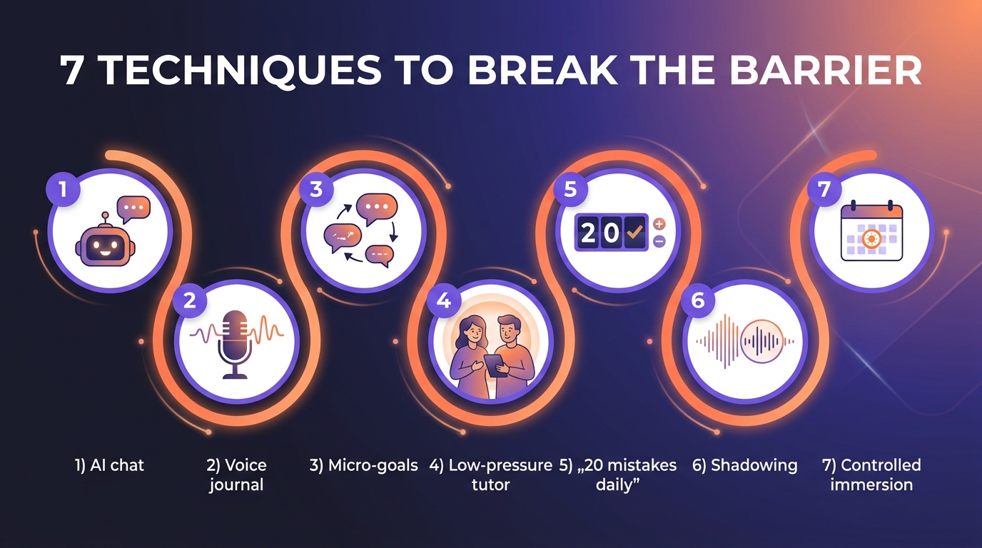 7 technik przełamywania bariery językowej: AI chat, dziennik audio, mikro-cele, nauczyciel bez sądu, 20 błędów, shadowing, immersja
