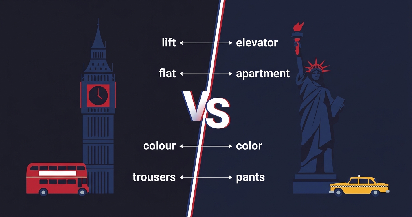 British vs American English — split UK vs US z parami słów: lift/elevator, flat/apartment, colour/color