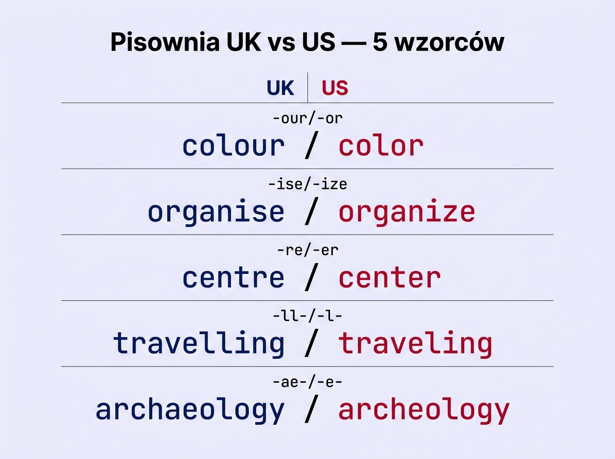 Pisownia UK vs US — 5 wzorców: -our/-or, -ise/-ize, -re/-er, podwójne l, -ae-/-e-