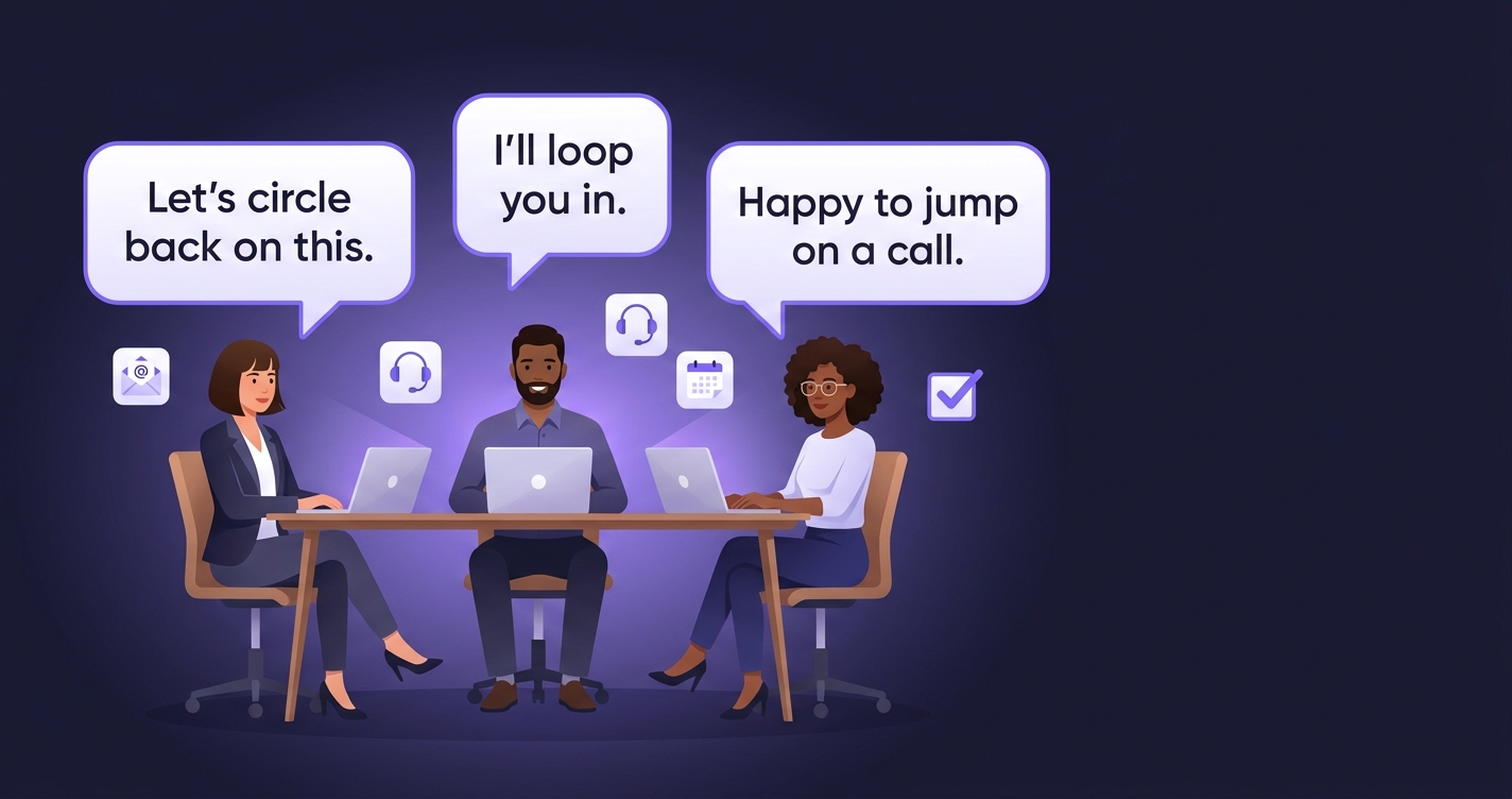 Business English — open office z speech bubbles zawierającymi zwroty: Let's circle back, I'll loop you in, Happy to jump on a call