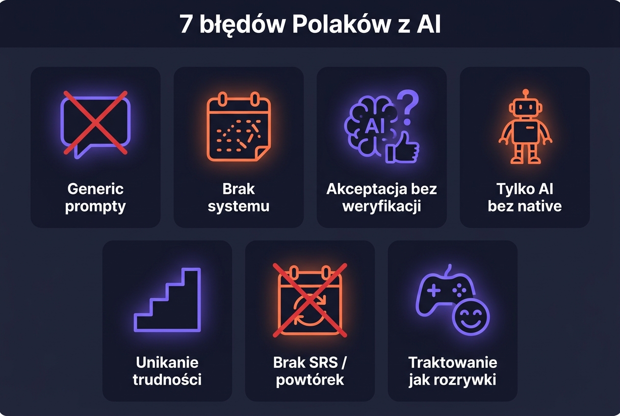 7 błędów Polaków używających AI do nauki angielskiego — siatka 4+3 z ikonami: generic prompt, brak systemu, akceptacja bez weryfikacji, tylko AI bez native, unikanie trudności, brak SRS, traktowanie jak rozrywka