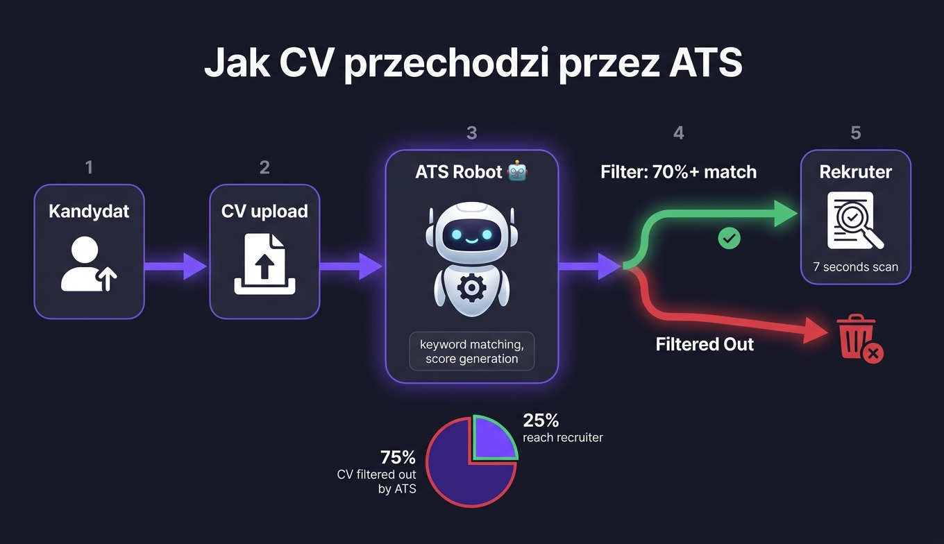 ATS flow diagram — jak CV przechodzi przez Applicant Tracking System przed dotarciem do rekrutera