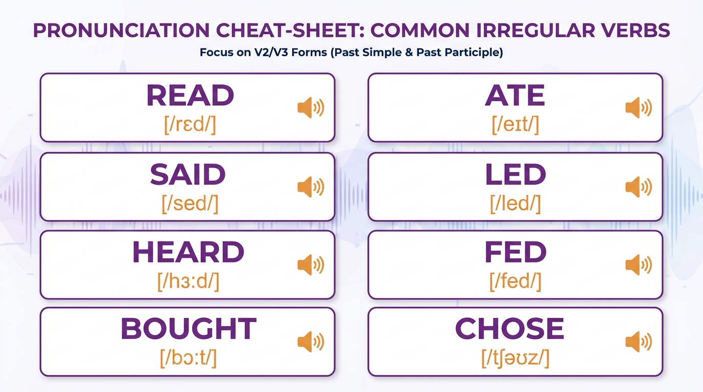Mapa wymowy — 8 pułapek fonetycznych z IPA: read /rɛd/, said /sed/, heard /hɜːd/, bought /bɔːt/, ate /eɪt/, led /led/, fed /fed/, chose /tʃəʊz/