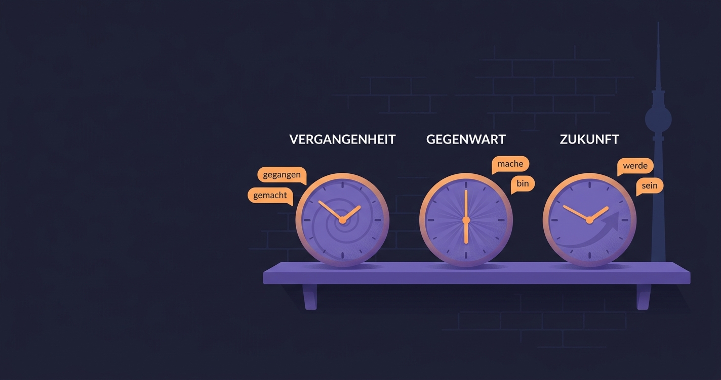 Niemieckie czasy — 3 zegary Vergangenheit, Gegenwart, Zukunft z przykładowymi czasownikami