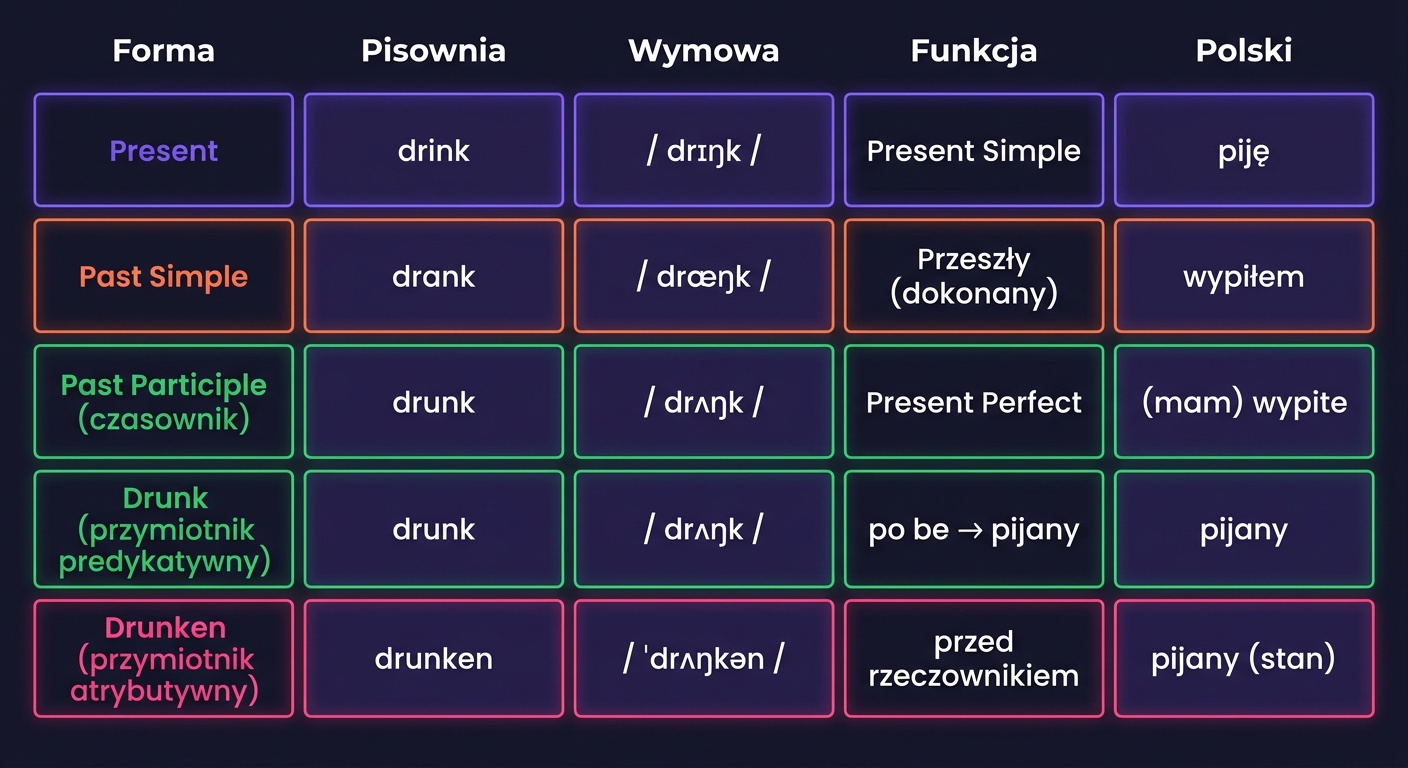 Tabela 4 form czasownika DRINK — Present, Past Simple, Past Participle, przymiotnik atrybutywny DRUNKEN