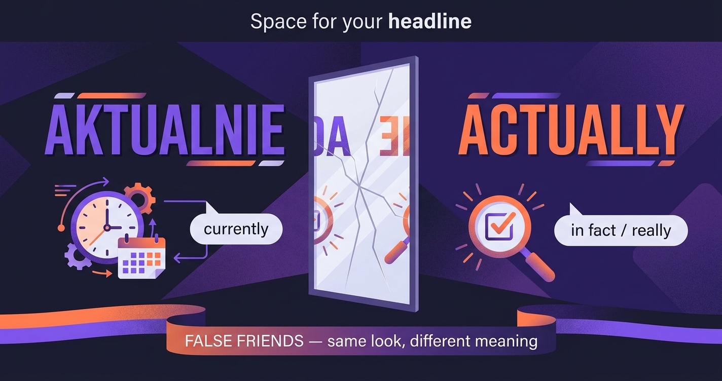 False friends — lustrzane słowa AKTUALNIE (po polsku currently) vs ACTUALLY (po angielsku faktycznie) z lustrem oddzielającym
