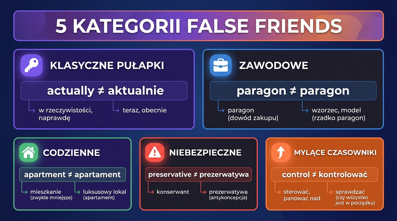 5 kategorii false friends: klasyczne pułapki, zawodowe, codzienne, niebezpieczne, mylące czasowniki