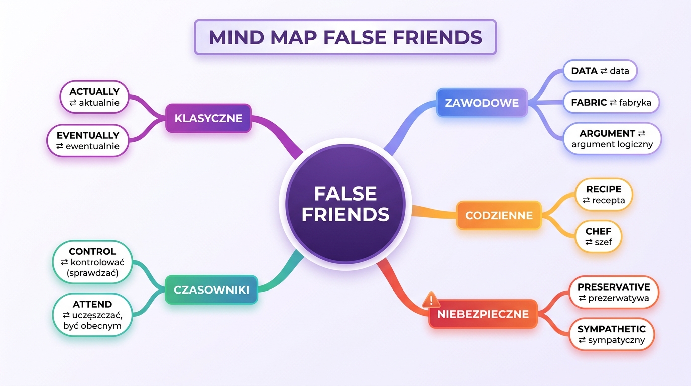 Mind map false friends — sieć z centralnym węzłem i 5 kategoriami z przykładowymi parami słów PL↔EN