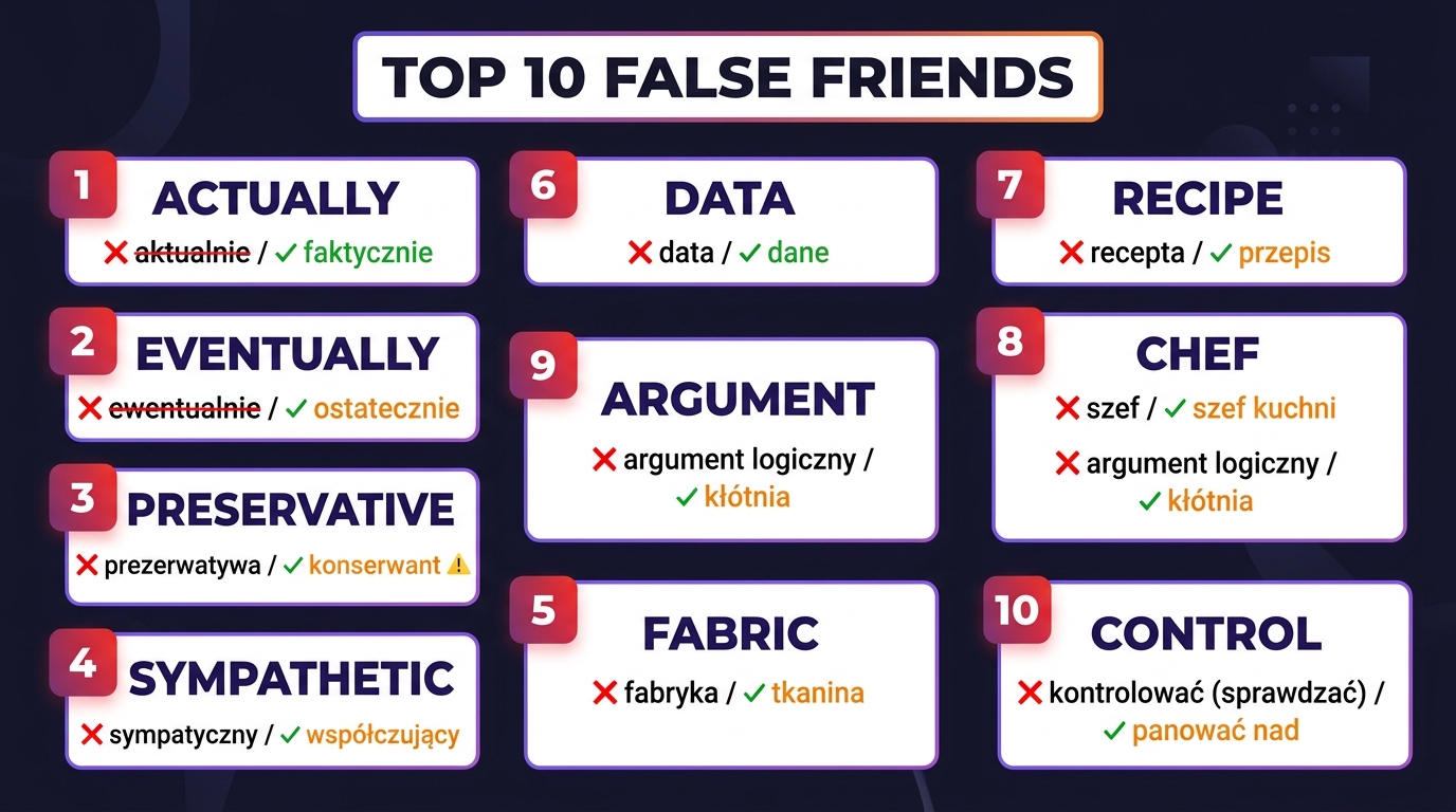 TOP 10 false friends — plakat: actually, eventually, preservative, sympathetic, fabric, data, recipe, chef, argument, control