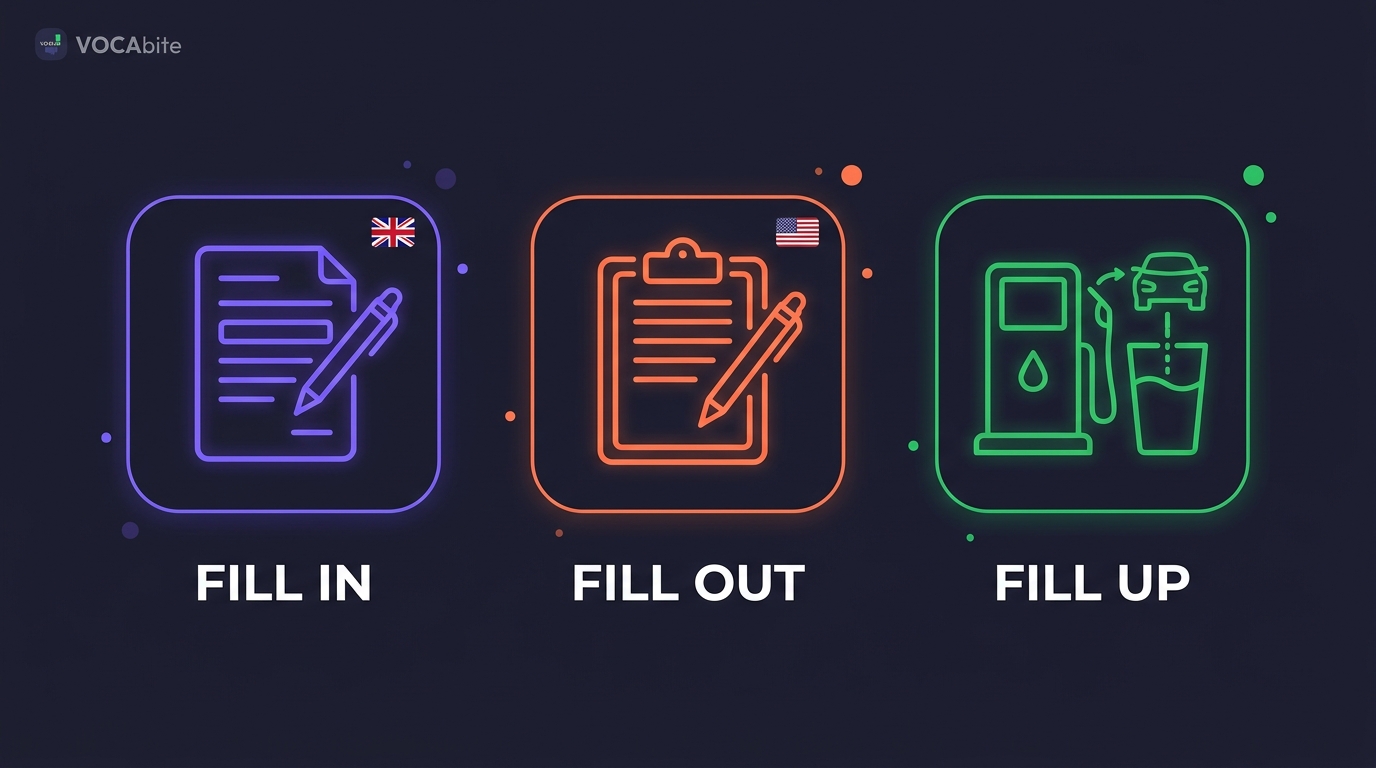 Fill in vs Fill out vs Fill up — 3 ikony: formularz z piórem (FILL IN/OUT) i bak / szklanka napełniana (FILL UP)