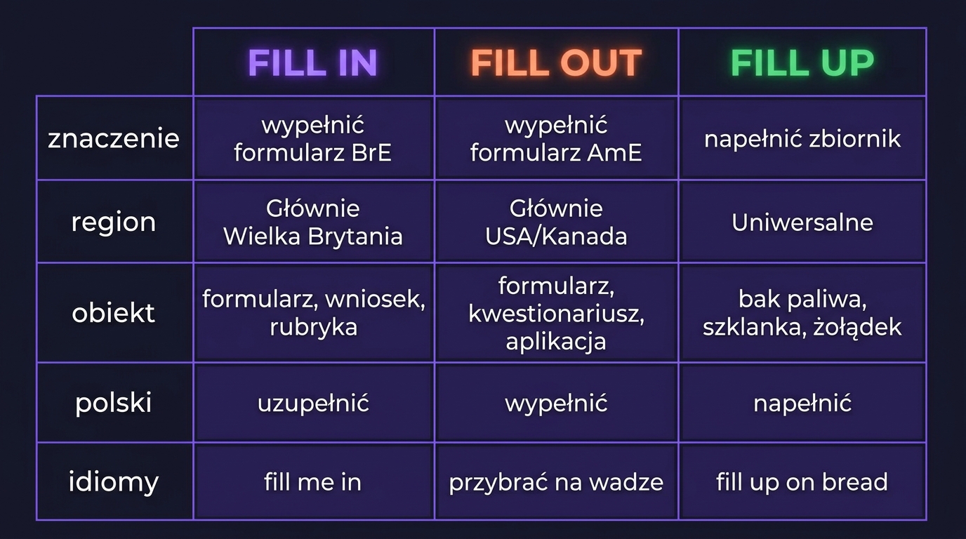 Tabela porównawcza Fill in / Fill out / Fill up — pięć wymiarów: znaczenie, region, obiekt, polski, idiomy