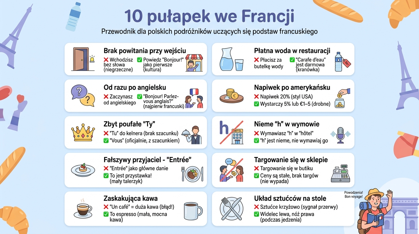 10 pułapek Polaków we Francji — plakat: brak Bonjour, angielski od razu, Tu do kelnera, entrée jako danie główne, un café = espresso, napiwek USA-style