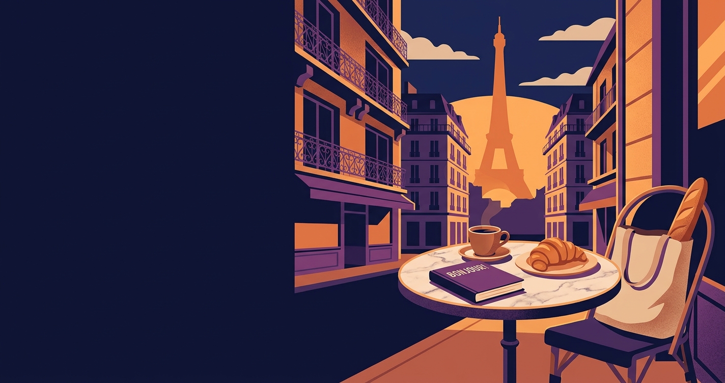 Francuski na wakacje — paryska kawiarnia z croissantem, espresso, baguette, rozmówkami Bonjour i Wieżą Eiffla w tle