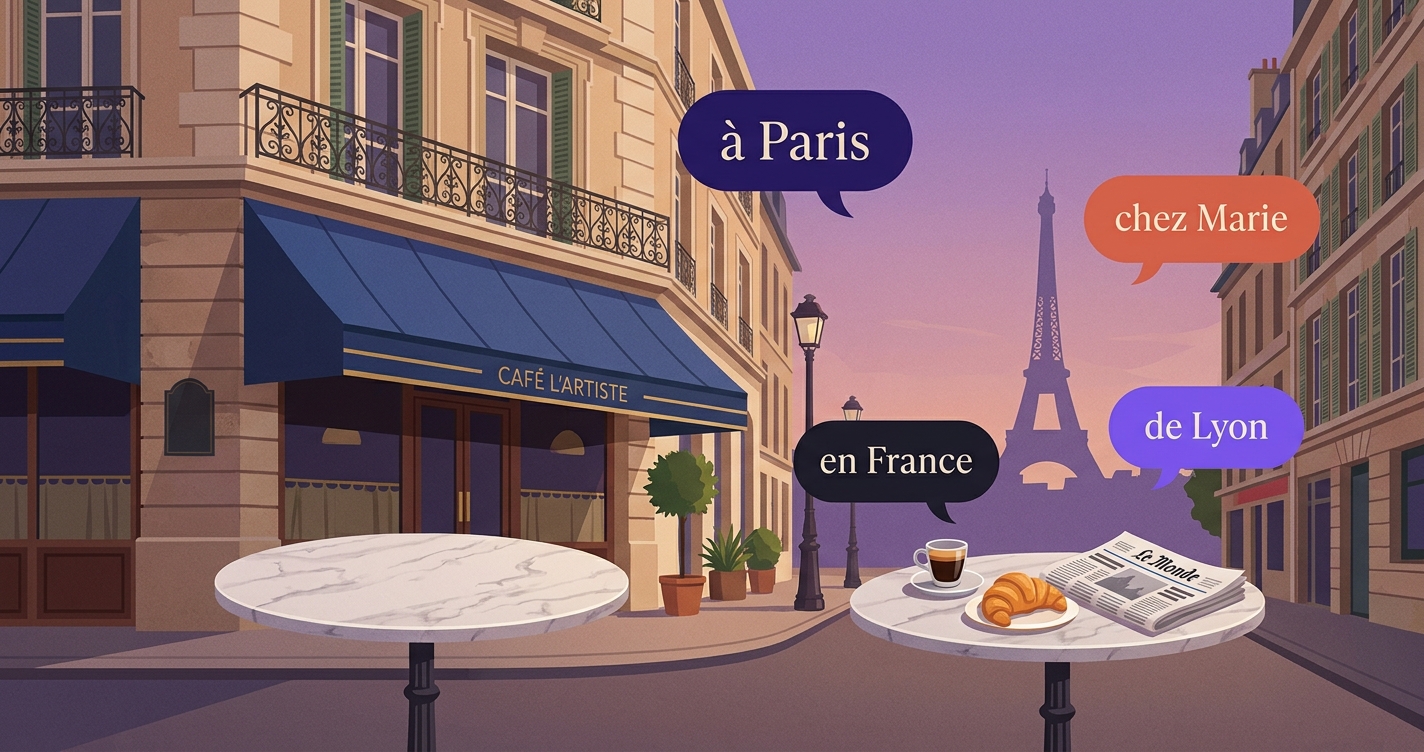 Paryski café z espresso i croissantem — francuskie przyimki à Paris, chez Marie, en France, de Lyon