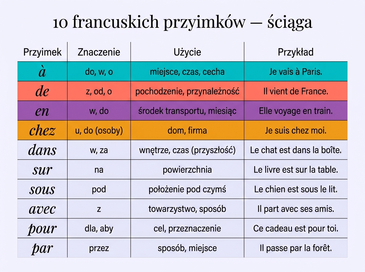 Tabela 10 francuskich przyimków — à, de, en, chez, dans, sur, sous, avec, pour, par z przykładami