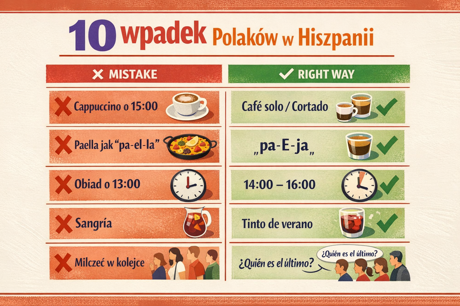 10 wpadek Polaków w Hiszpanii — cappuccino po obiedzie, wymowa paella, obiad o 13, sangría, milczenie w kolejce