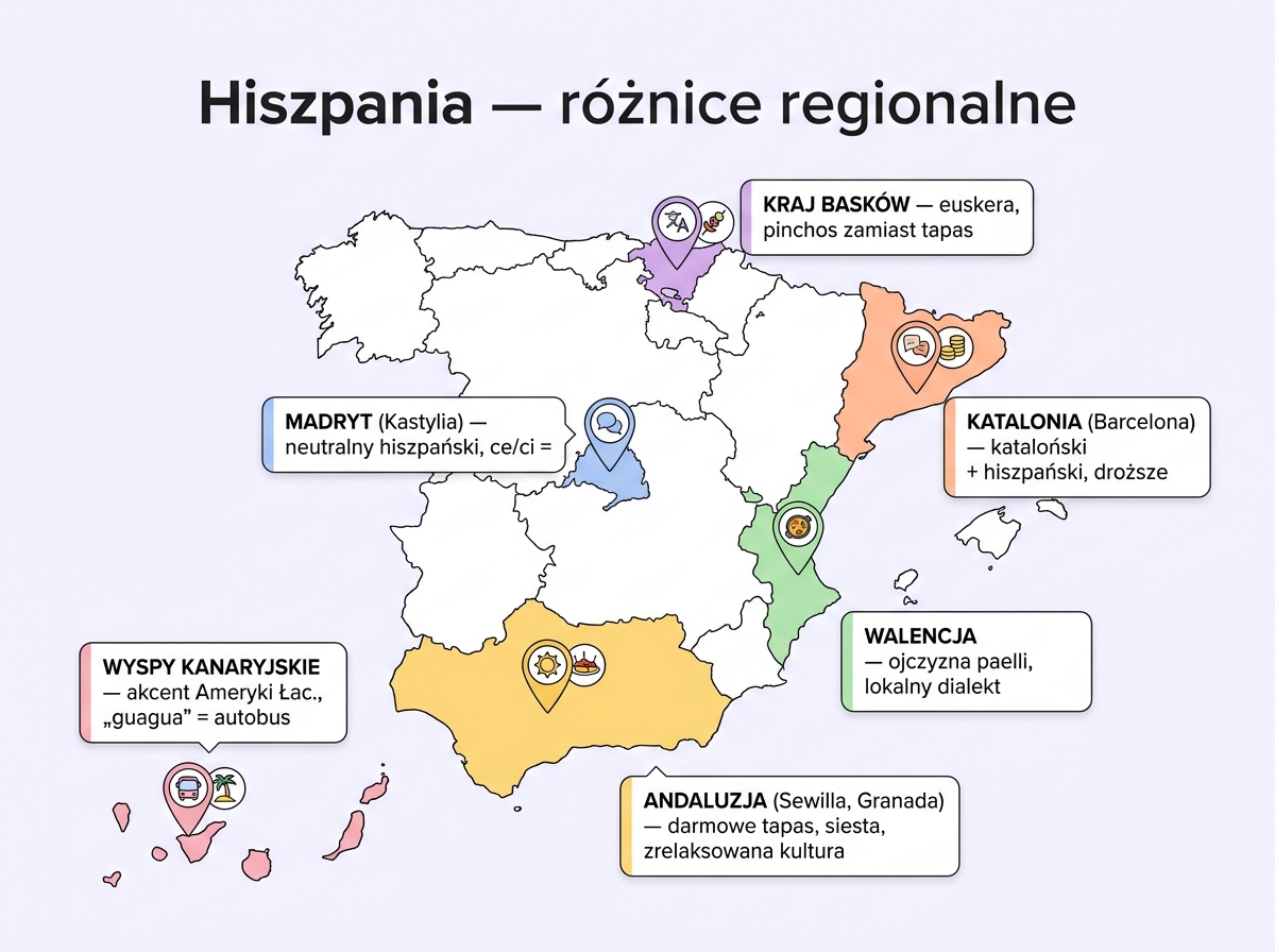 Mapa regionów Hiszpanii — Madryt, Andaluzja, Katalonia, Walencja, Kraj Basków, Wyspy Kanaryjskie
