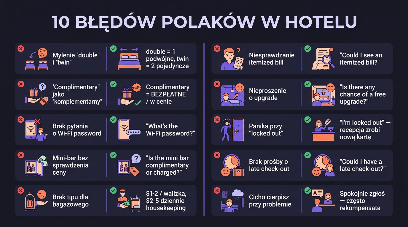 10 błędów Polaków w hotelu — plakat z parami błąd/poprawa: double vs twin, complimentary, Wi-Fi, mini-bar, tipy, itemized bill, upgrade, locked out, late check-out