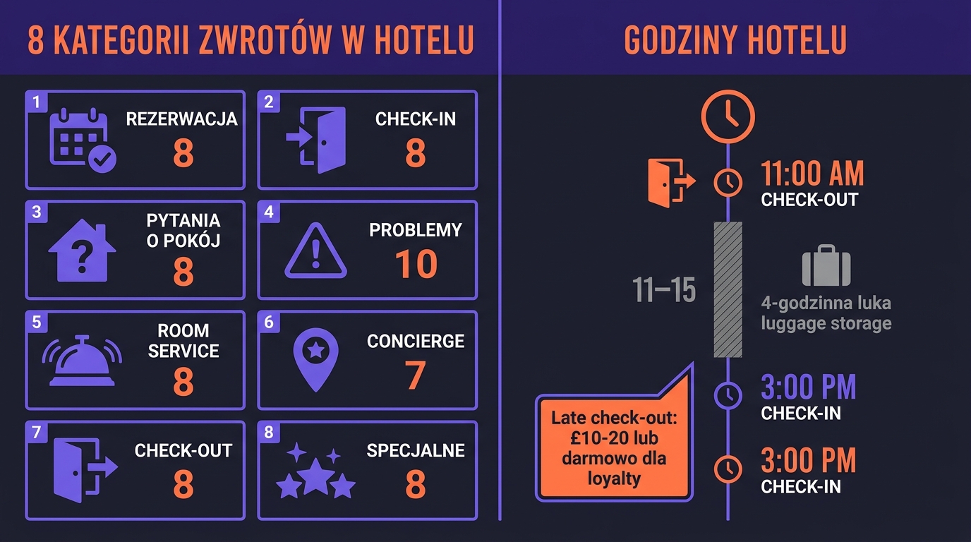 8 kategorii zwrotów hotelowych + godziny check-in/check-out — infografika: rezerwacja, check-in, pokój, problemy, room service, concierge, check-out, specjalne