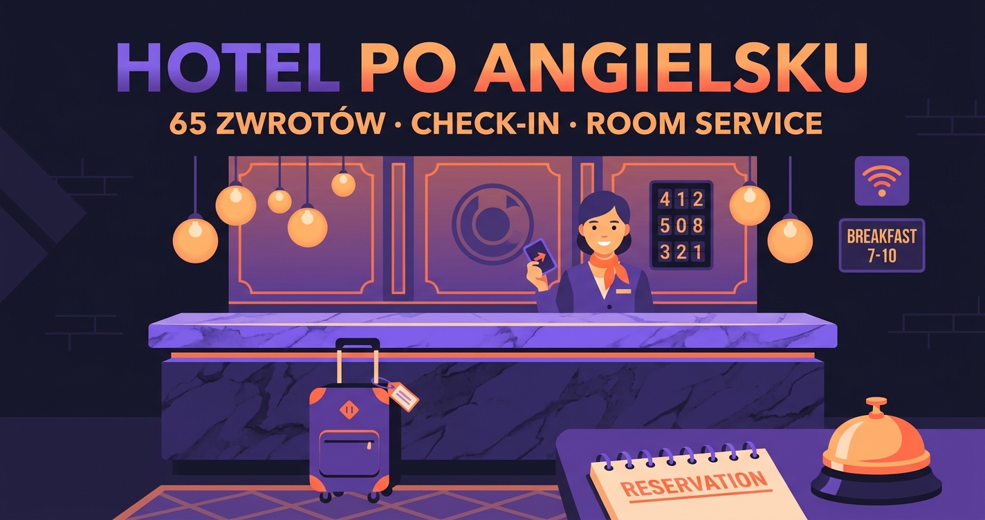 Hotel po angielsku — elegancka recepcja z marmurowym kontuarem, recepcjonistką z key card, walizką i Reservation notebookiem