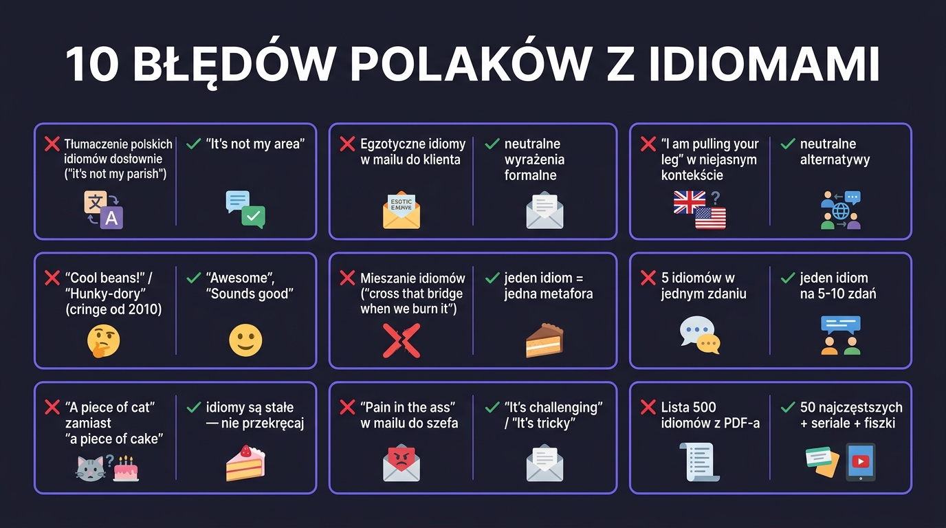 10 błędów Polaków z idiomami angielskimi — plakat z parami błąd/poprawa: tłumaczenie dosłowne, egzotyczne idiomy, mieszanie metafor, idiomy outdated, idiomy wulgarne