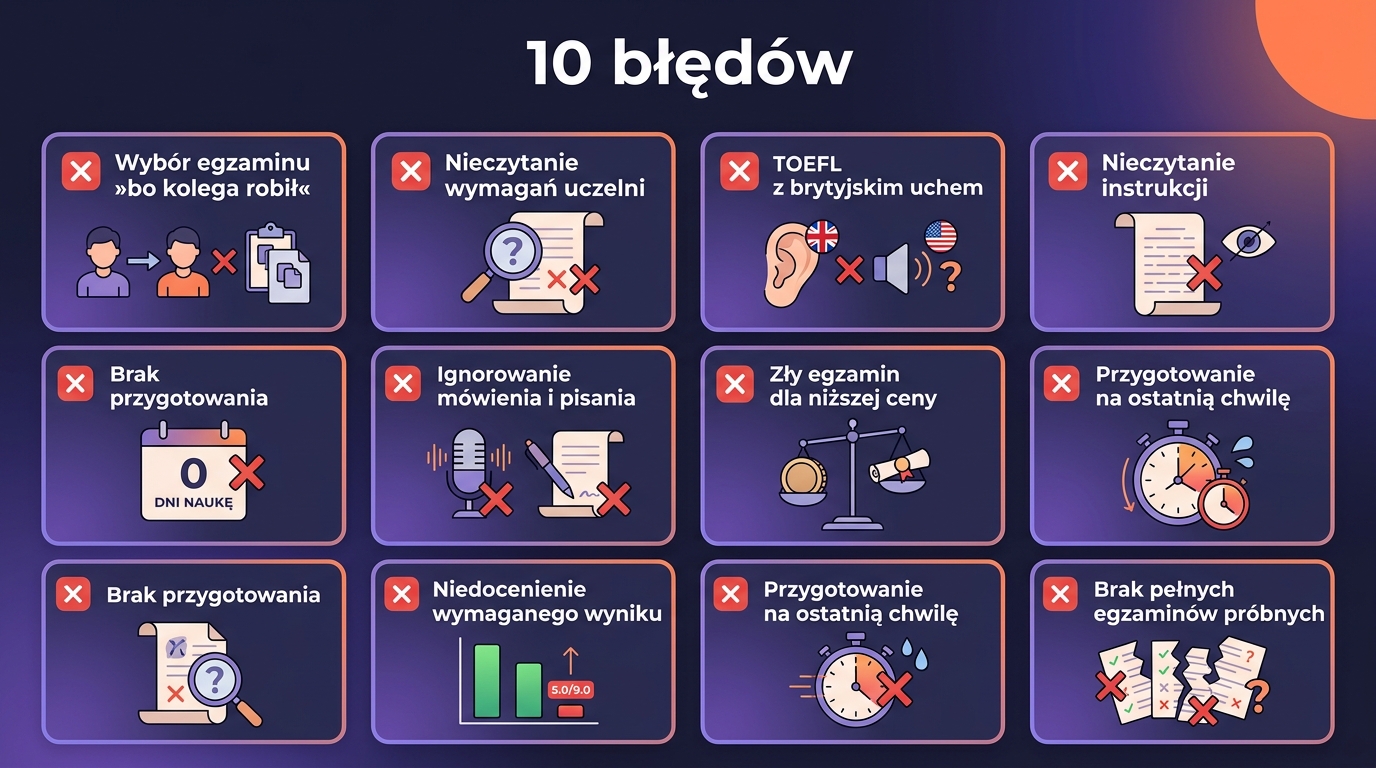 10 błędów przy wyborze egzaminu angielskiego — plakat: bo znajomi zdawali, nieczytanie wymagań uczelni, TOEFL dla ucha brytyjskiego, celowanie za nisko