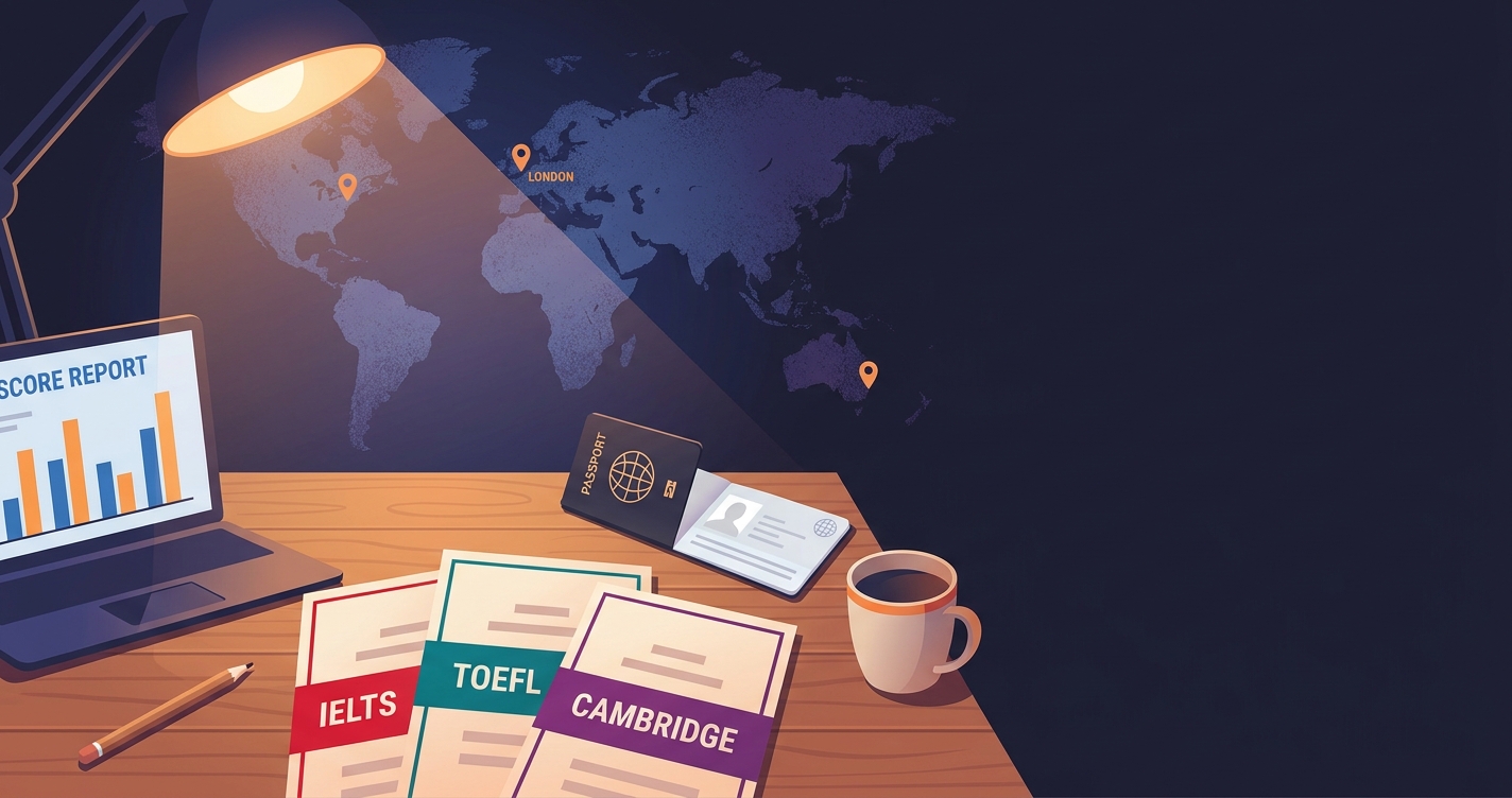 IELTS vs TOEFL vs Cambridge — 3 certyfikaty na biurku z paszportem, laptopem, mapą świata z pinezkami Londyn/Nowy Jork/Sydney