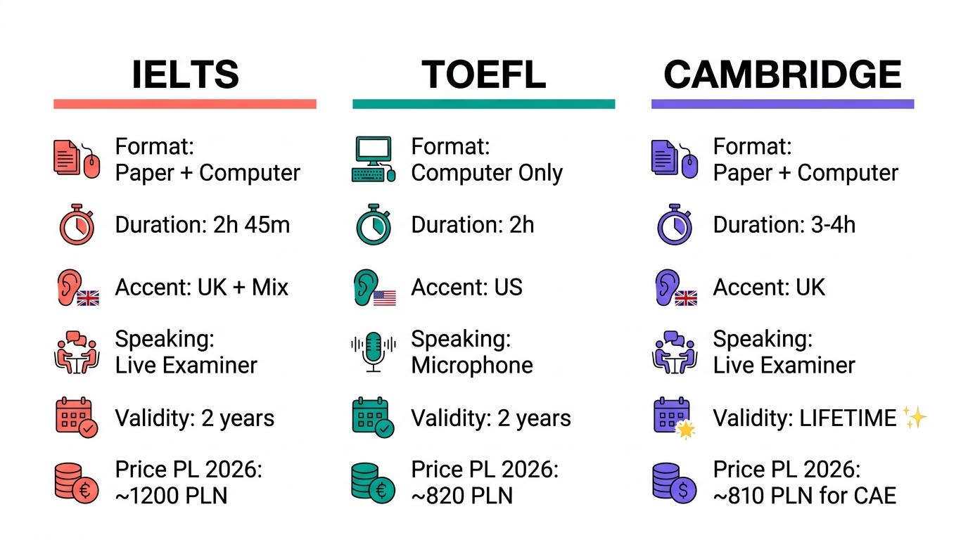 Porównanie IELTS vs TOEFL vs Cambridge — 3 kolumny z formatem, czasem, akcentem, ważnością i ceną w Polsce 2026