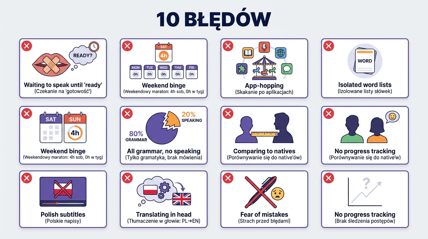 10 błędów wydłużających naukę angielskiego — plakat: czekanie z mówieniem, weekend binge, polskie napisy, tłumaczenie w głowie
