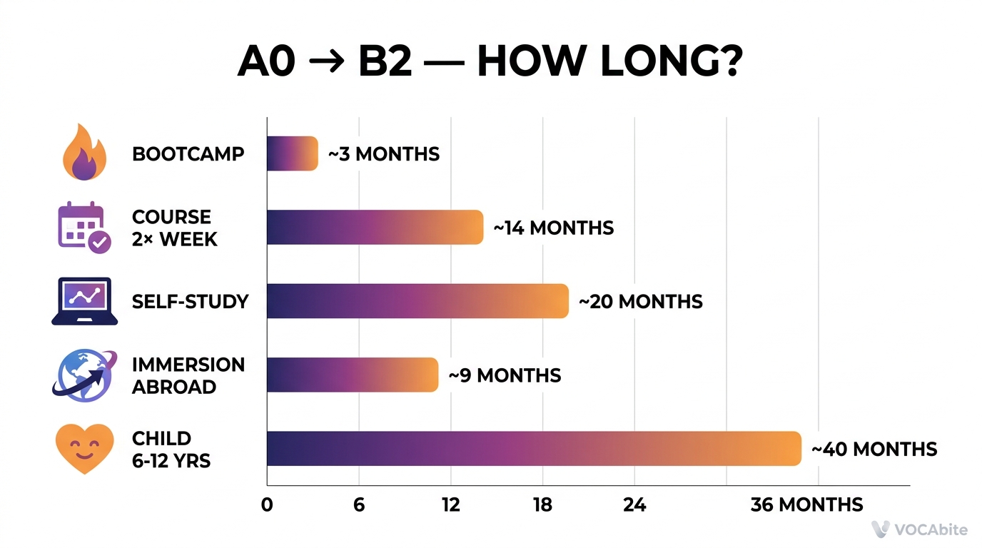 5 scenariuszy nauki angielskiego do B2: bootcamp 3m, kurs 2× tyg 14m, samouk 20m, immersja 9m, dziecko 40m