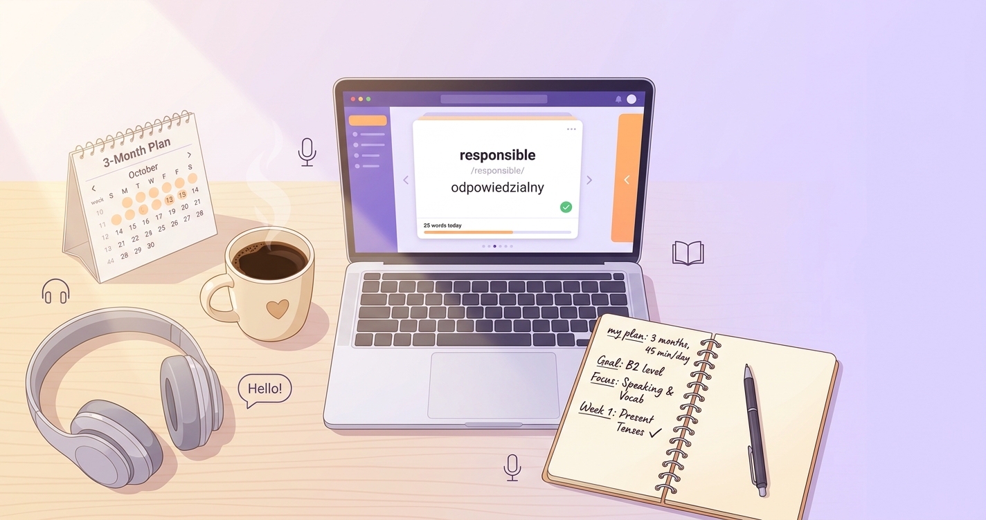 Jak nauczyć się angielskiego w domu — biurko z laptopem, kawą, notatkami i kalendarzem 12 tygodni