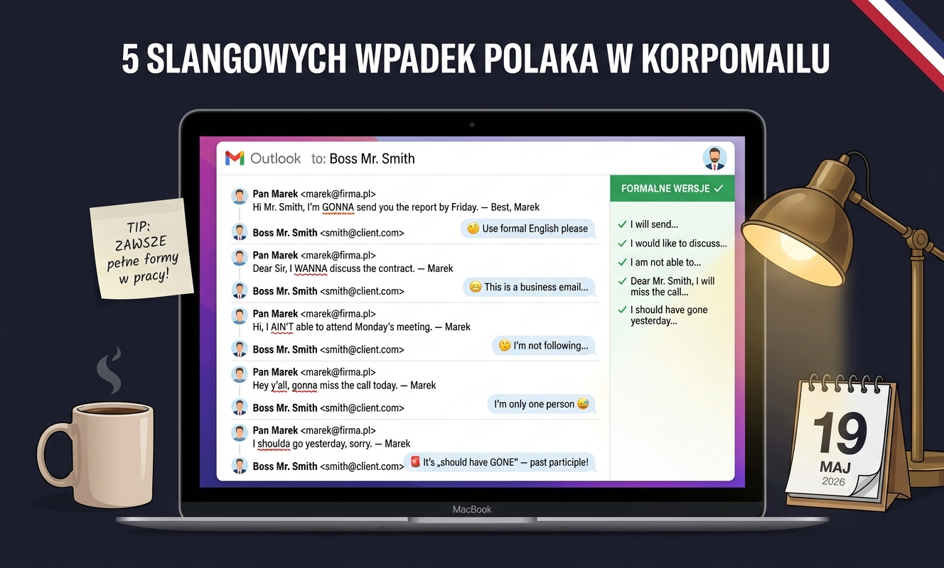 5 slangowych wpadek Polaka w korpomailu: ekran Outlooka z mailami zawierającymi gonna, wanna, ain't, y'all i shoulda, obok zielony panel z formalnymi wersjami i poprawka should have GONE jako past participle