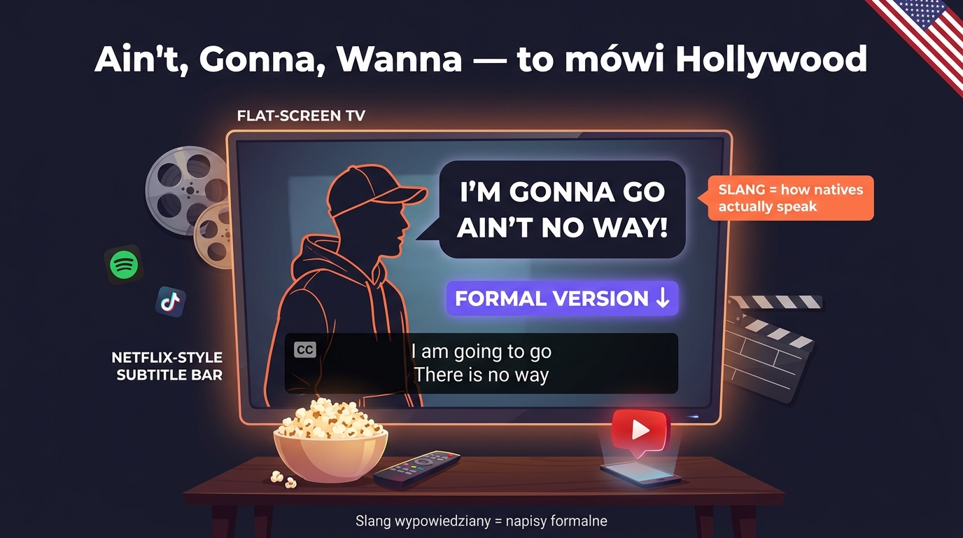 Ain't, gonna, wanna — slang angielski: ekran Netflix z napisami pokazującymi slang wypowiedziany przez aktora vs formalna wersja pisana